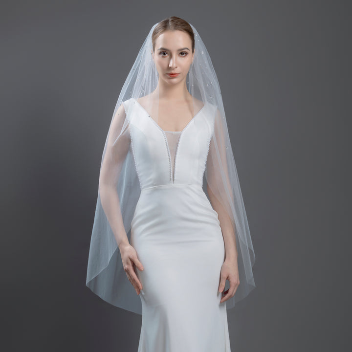 Scattered Rhinestones Bridal Veil, Fine Illusion Tulle, Fingertip, Knee Length FS6256