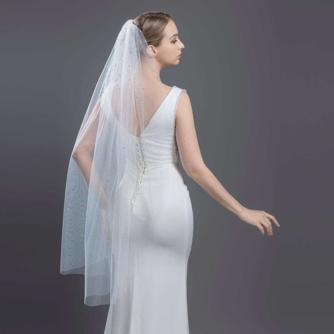 Scattered Rhinestones Bridal Veil, Fine Illusion Tulle, Fingertip, Knee Length FS6256