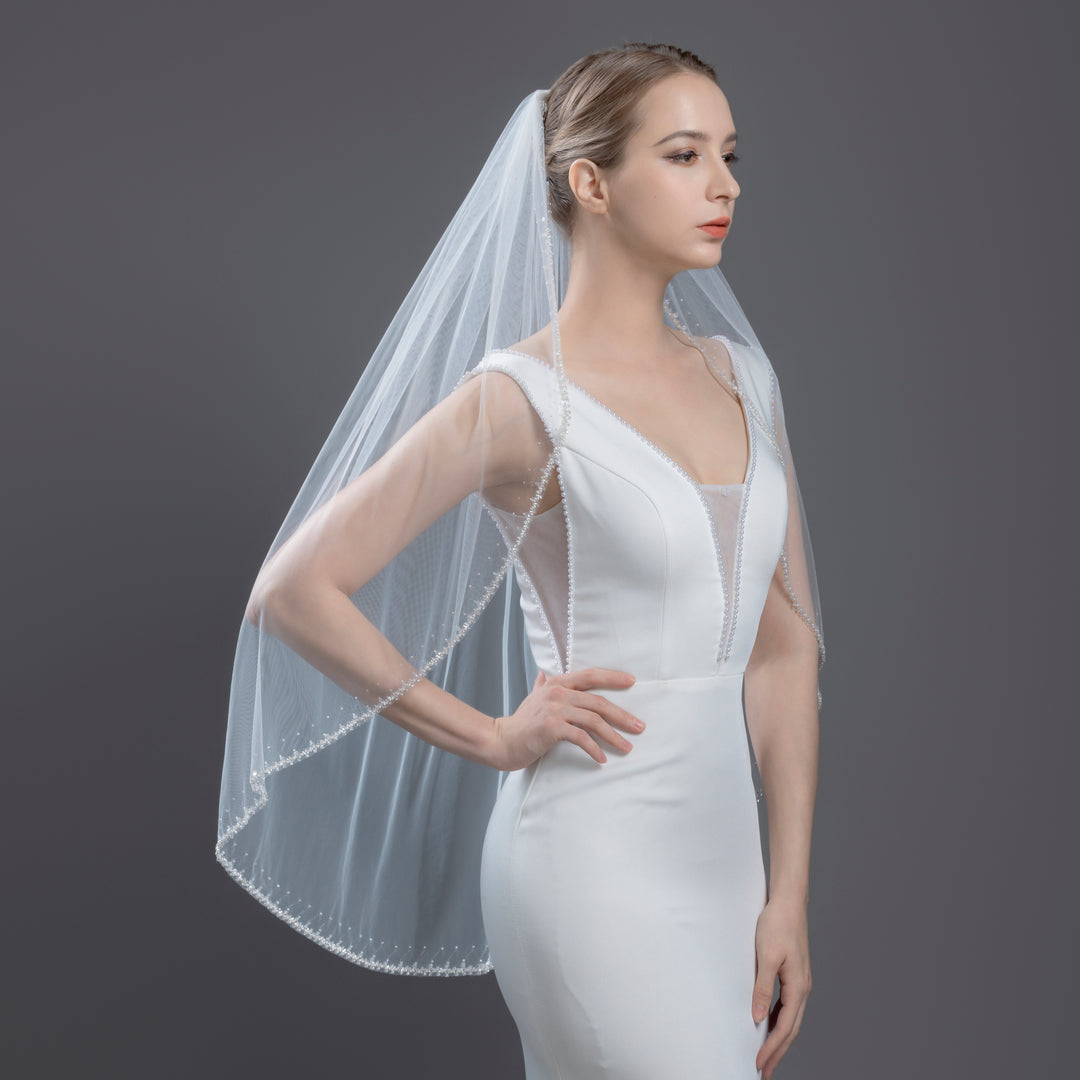 Beaded Edge Bridal Veil with Faux Pearls, Fine Illusion Tulle, Fingertip Length FS6274