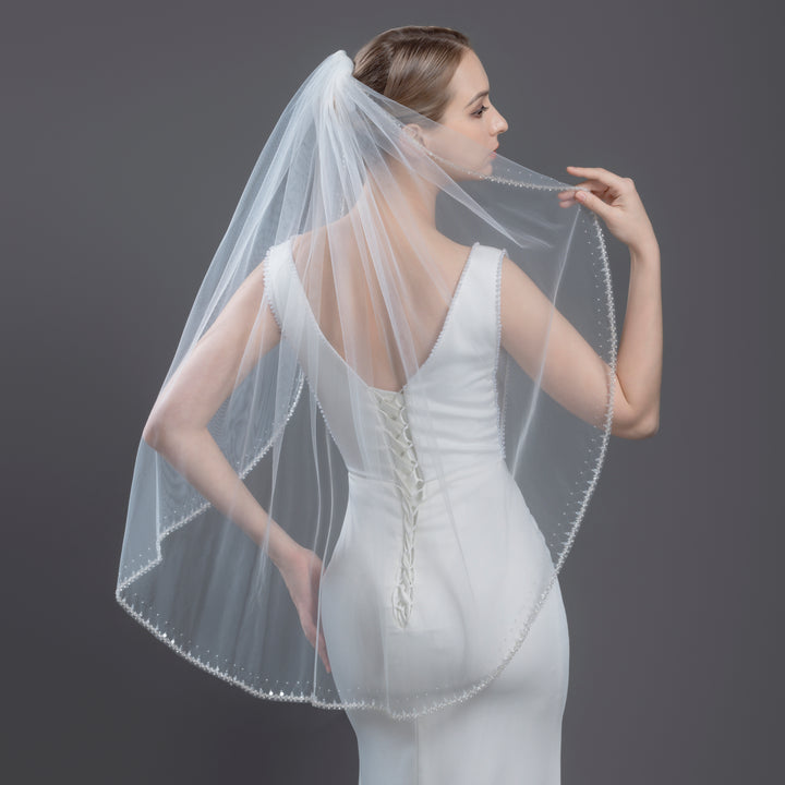 Beaded Edge Bridal Veil with Faux Pearls, Fine Illusion Tulle, Fingertip Length FS6274