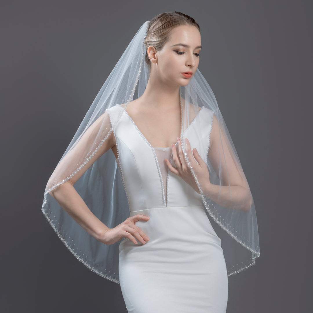 Beaded Edge Bridal Veil with Faux Pearls, Fine Illusion Tulle, Fingertip Length FS6274