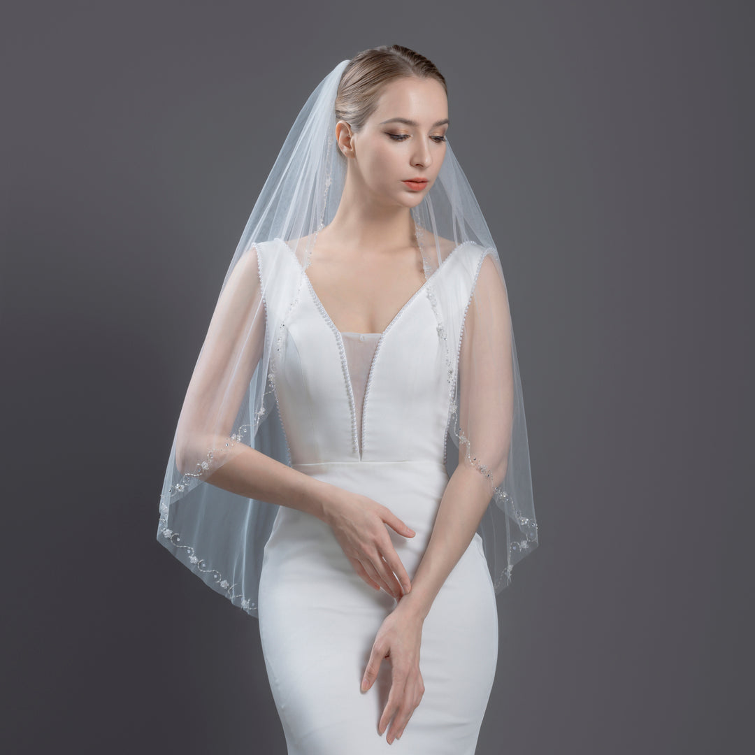 Floral Vine Bridal Veil with Crystal Beading and Rhinestones, Fine Illusion Tulle, Elbow, Fingertip Length FS6328