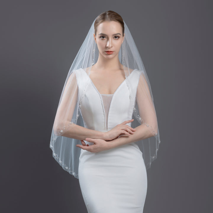 Floral Vine Bridal Veil with Crystal Beading and Rhinestones, Fine Illusion Tulle, Elbow, Fingertip Length FS6328