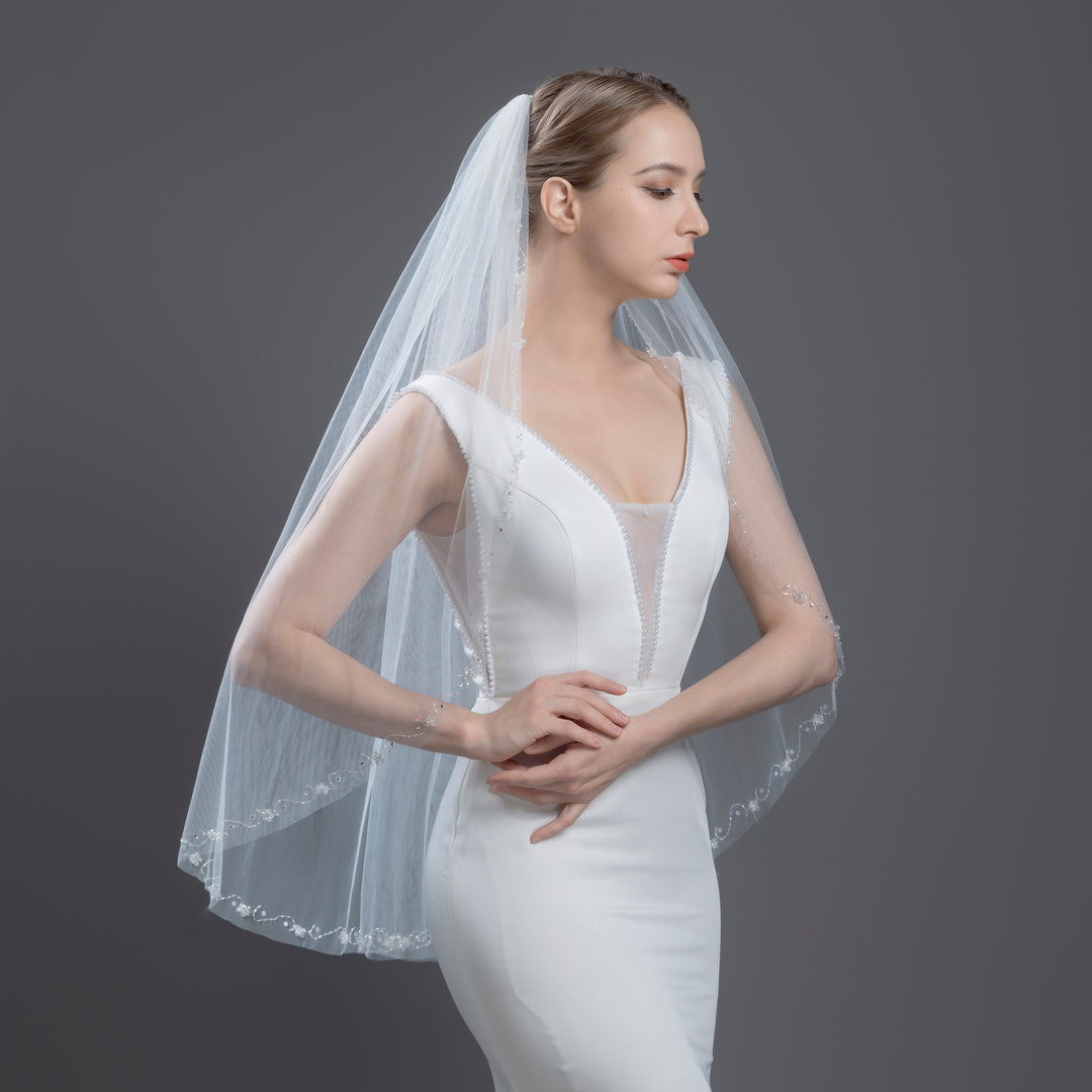 Floral Vine Bridal Veil with Crystal Beading and Rhinestones, Fine Illusion Tulle, Elbow, Fingertip Length FS6328