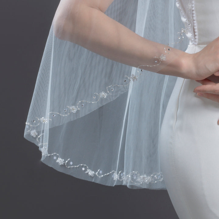 Floral Vine Bridal Veil with Crystal Beading and Rhinestones, Fine Illusion Tulle, Elbow, Fingertip Length FS6328