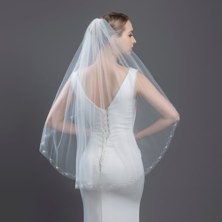 Floral Vine Bridal Veil with Crystal Beading and Rhinestones, Fine Illusion Tulle, Elbow, Fingertip Length FS6328