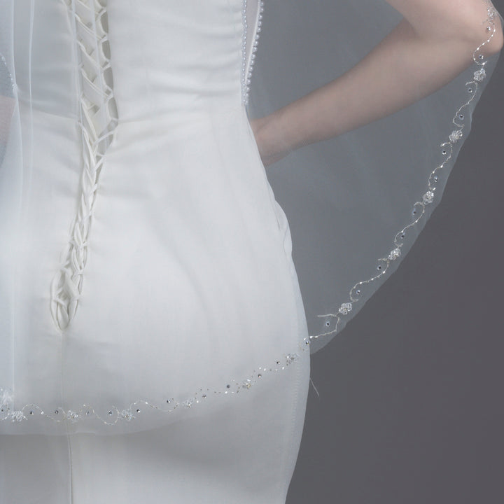 Floral Vine Bridal Veil with Crystal Beading and Rhinestones, Fine Illusion Tulle, Elbow, Fingertip Length FS6328