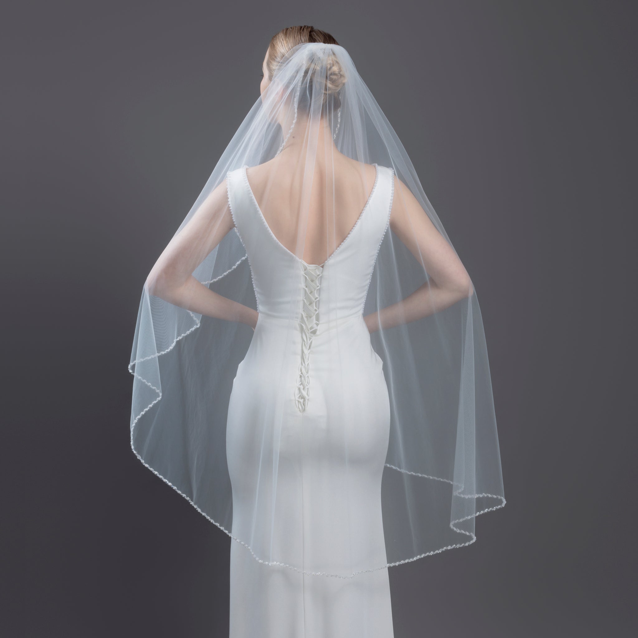Wholesale Angel Cut Knee Waltz Wedding Veil | Beaded Bicone