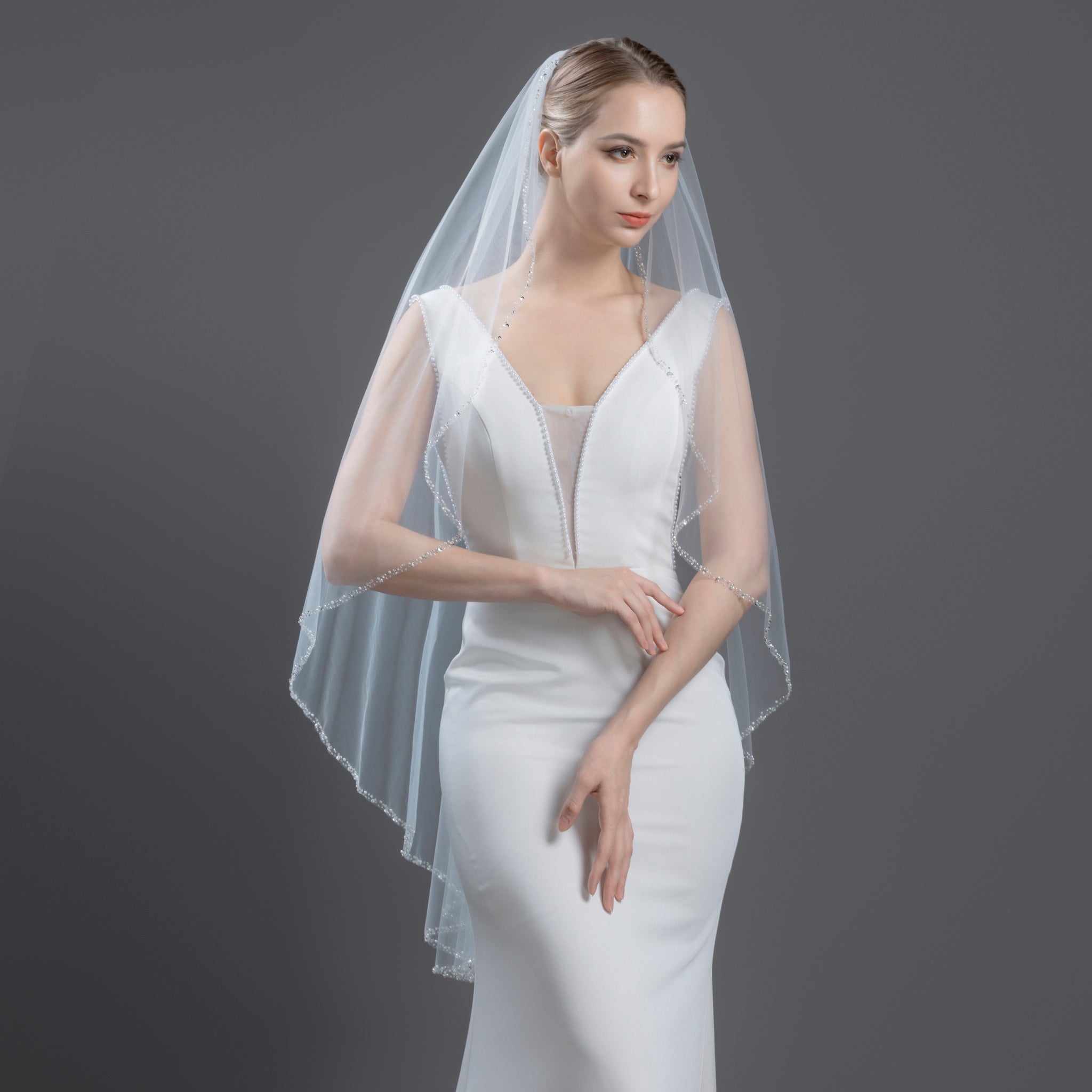 Wholesale Angel Cut Knee Length Wedding Veil | Beaded
