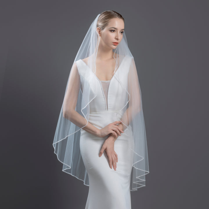 Angel Cut Bridal Veil with Beaded Edge, Pearls and Frosted beads, Fine Illusion Tulle, Knee Length FS6262-1-AC