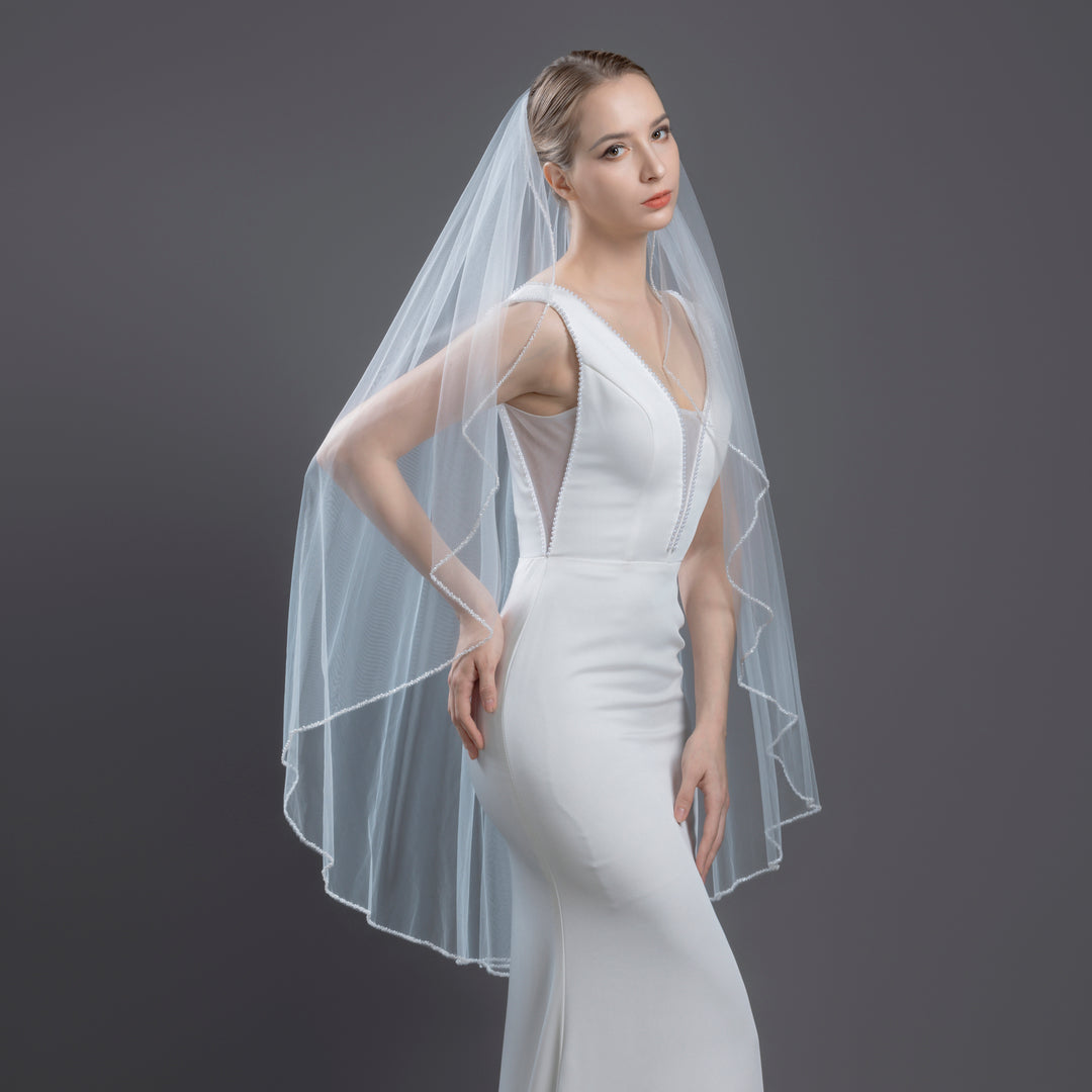 Angel Cut Bridal Veil with Beaded Edge, Pearls and Frosted beads, Fine Illusion Tulle, Knee Length FS6262-1-AC