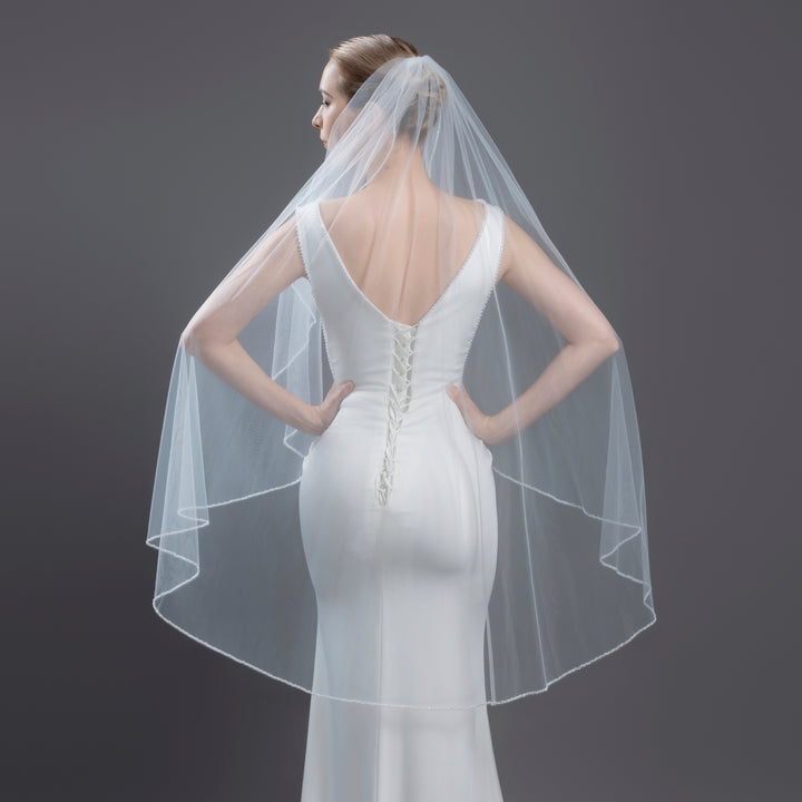 Angel Cut Bridal Veil with Beaded Edge, Pearls and Frosted beads, Fine Illusion Tulle, Knee Length FS6262-1-AC