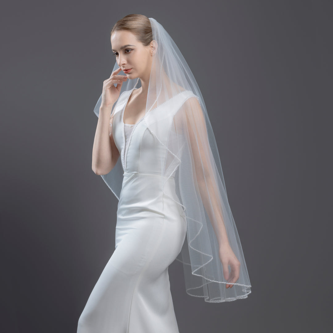 Angel Cut Bridal Veil with Beaded Edge, Pearls and Frosted beads, Fine Illusion Tulle, Knee Length FS6262-1-AC
