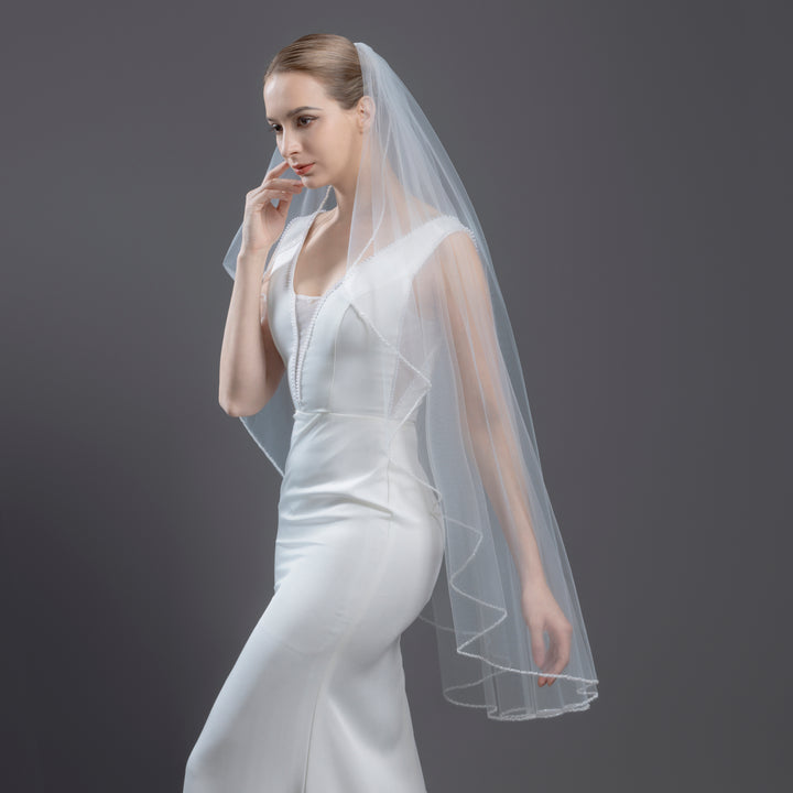 Angel Cut Bridal Veil with Beaded Edge, Pearls and Frosted beads, Fine Illusion Tulle, Knee Length FS6262-1-AC