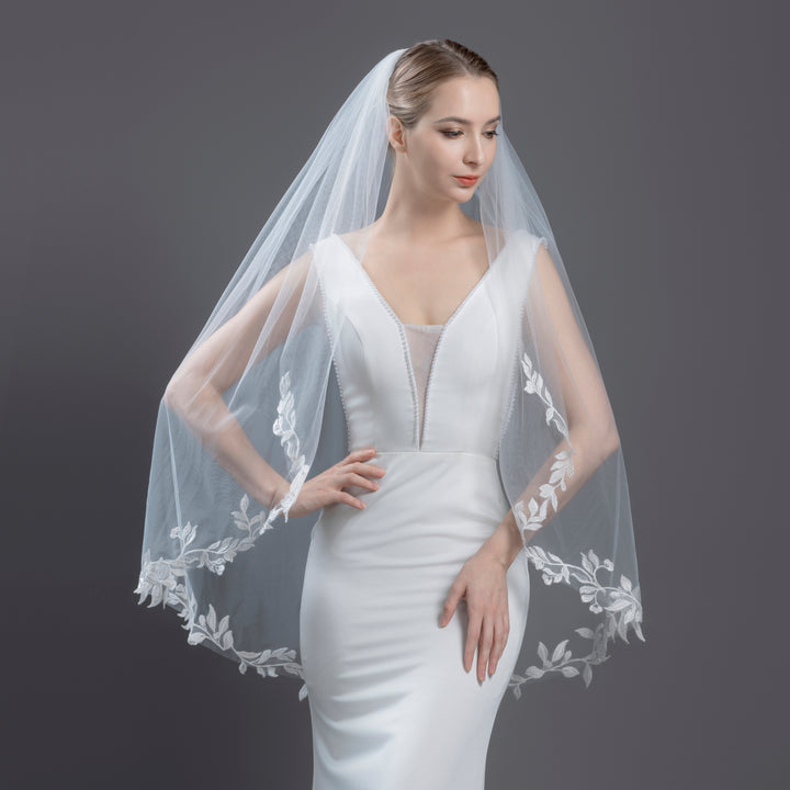 Bridal Veil with Floral Embroidered Lace with sequins, Fine Illusion Tulle, Fingertip, Knee Length, FS6229