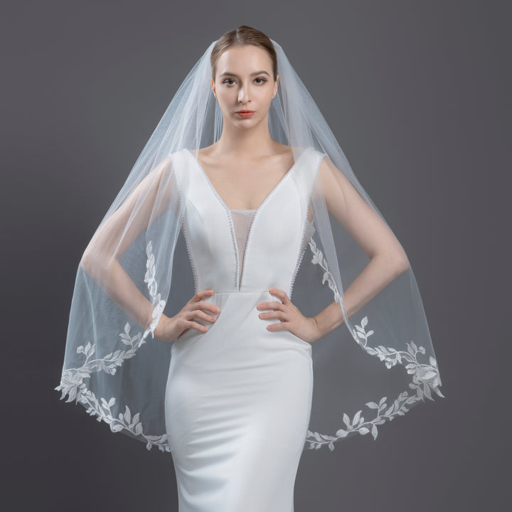 Bridal Veil with Floral Embroidered Lace with sequins, Fine Illusion Tulle, Fingertip, Knee Length, FS6229