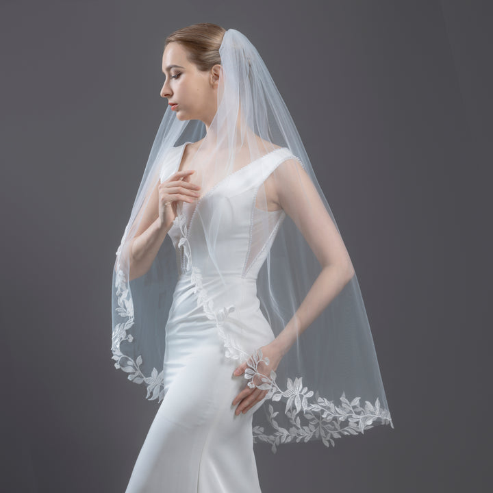 Bridal Veil with Floral Embroidered Lace with sequins, Fine Illusion Tulle, Fingertip, Knee Length, FS6229