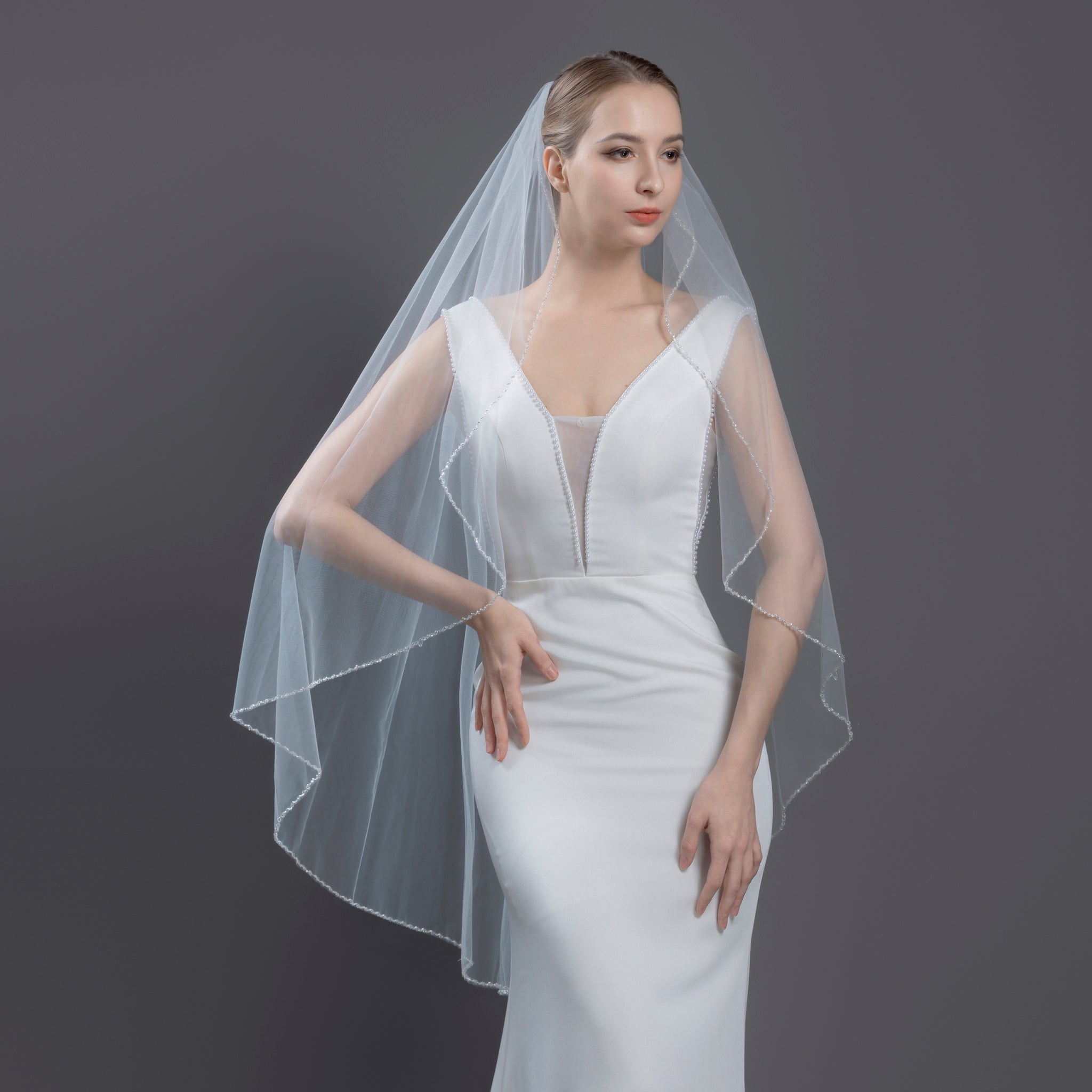 Veil(1～6) Wholesale Angel Cut Knee Wedding Veil | Beaded Edge