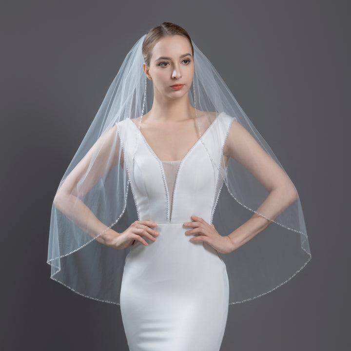 Crystal Beaded Bridal Veil with Faux Pearls, Fine Illusion Tulle, Elbow, Fingertip Length FS6334