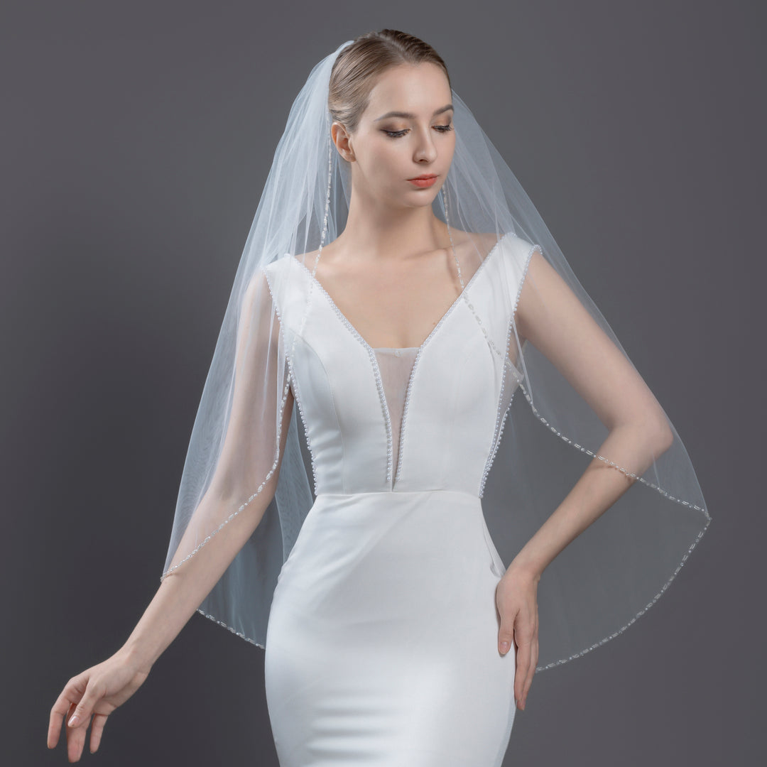 Crystal Beaded Bridal Veil with Faux Pearls, Fine Illusion Tulle, Elbow, Fingertip Length FS6334