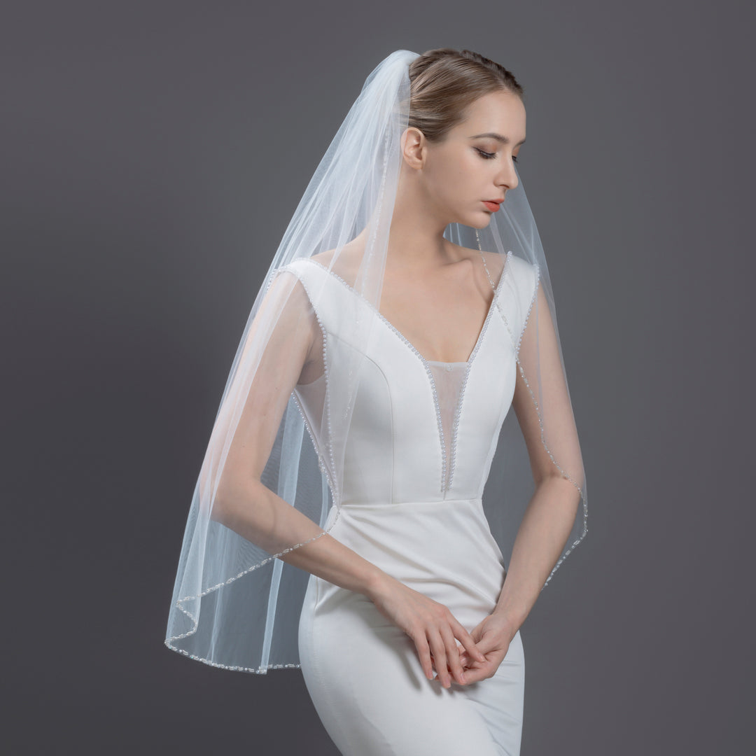 Crystal Beaded Bridal Veil with Faux Pearls, Fine Illusion Tulle, Elbow, Fingertip Length FS6334