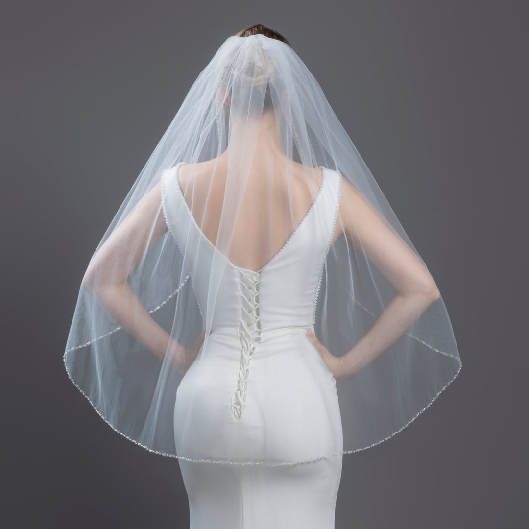 Crystal Beaded Bridal Veil with Faux Pearls, Fine Illusion Tulle, Elbow, Fingertip Length FS6334