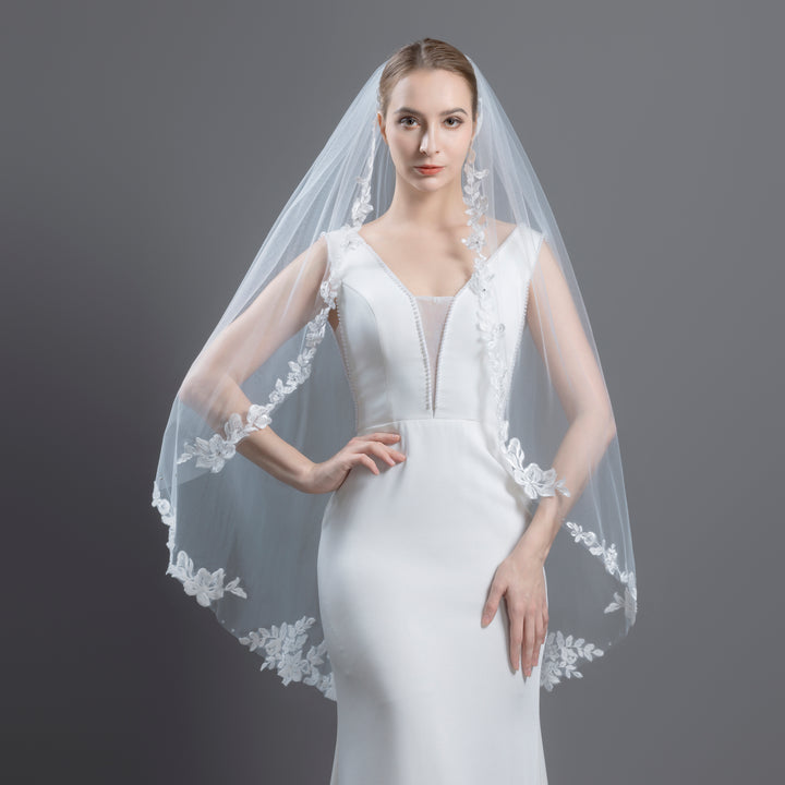 Floral Lace Bridal Veil with Rhinestones, Fine Illusion Tulle, Fingertip, Knee Length FS6224-1