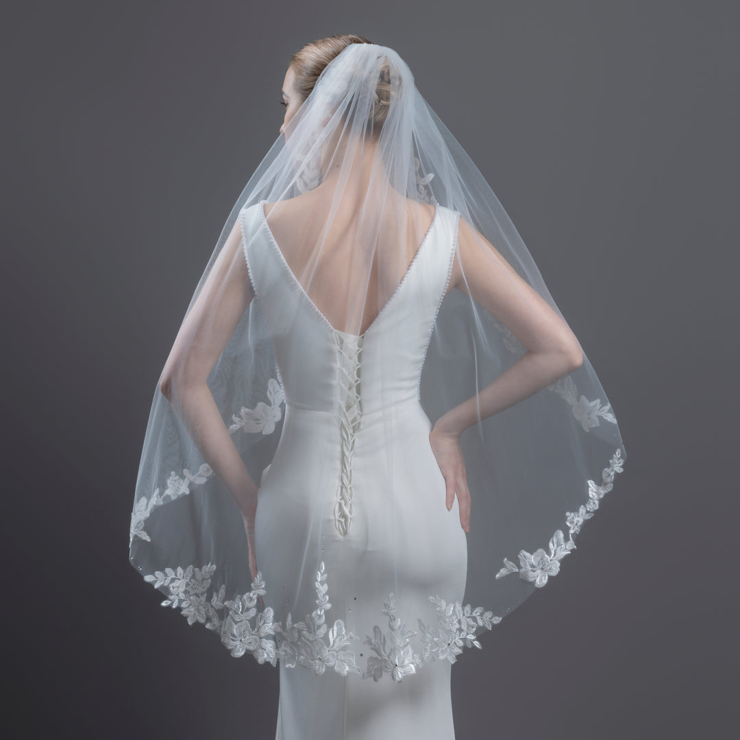 Floral Lace Bridal Veil with Rhinestones, Fine Illusion Tulle, Fingertip, Knee Length FS6224-1