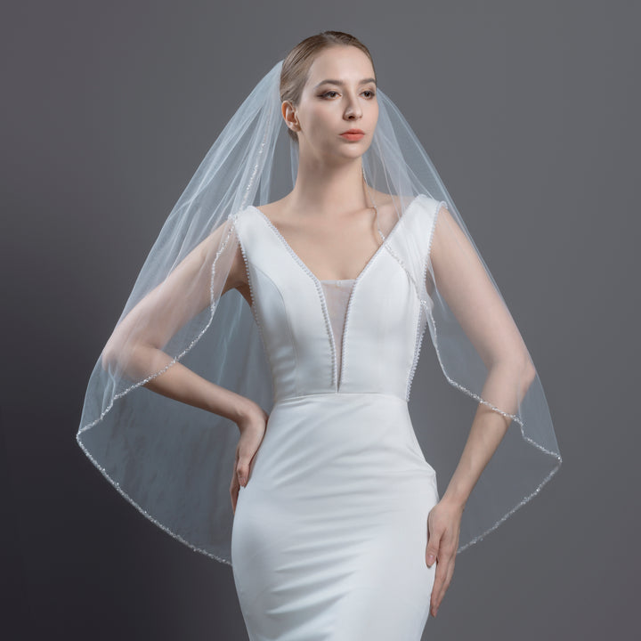 FS6343 Pearl Crystal Beaded Edge Veil 30" 36"