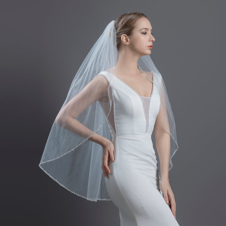 FS6343 Pearl Crystal Beaded Edge Veil 30" 36"