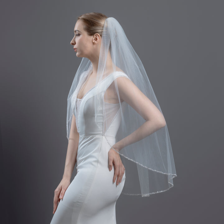 FS6343 Pearl Crystal Beaded Edge Veil 30" 36"