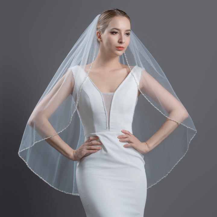 Beaded Edge Bridal Veil with Crystals and Pearls, Fine Illusion Tulle, Fingertip Length FS6287