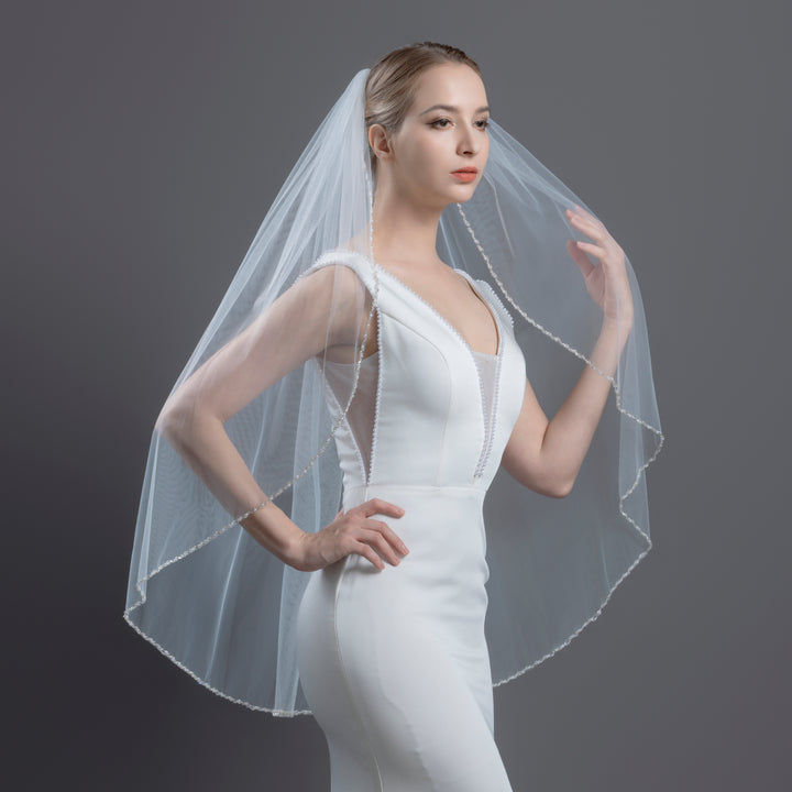 Beaded Edge Bridal Veil with Crystals and Pearls, Fine Illusion Tulle, Fingertip Length FS6287