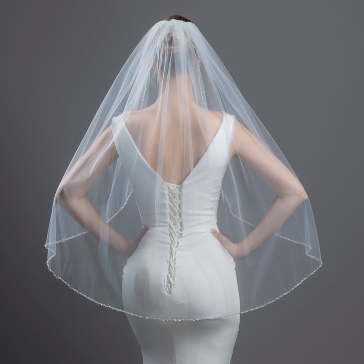 Beaded Edge Bridal Veil with Crystals and Pearls, Fine Illusion Tulle, Fingertip Length FS6287