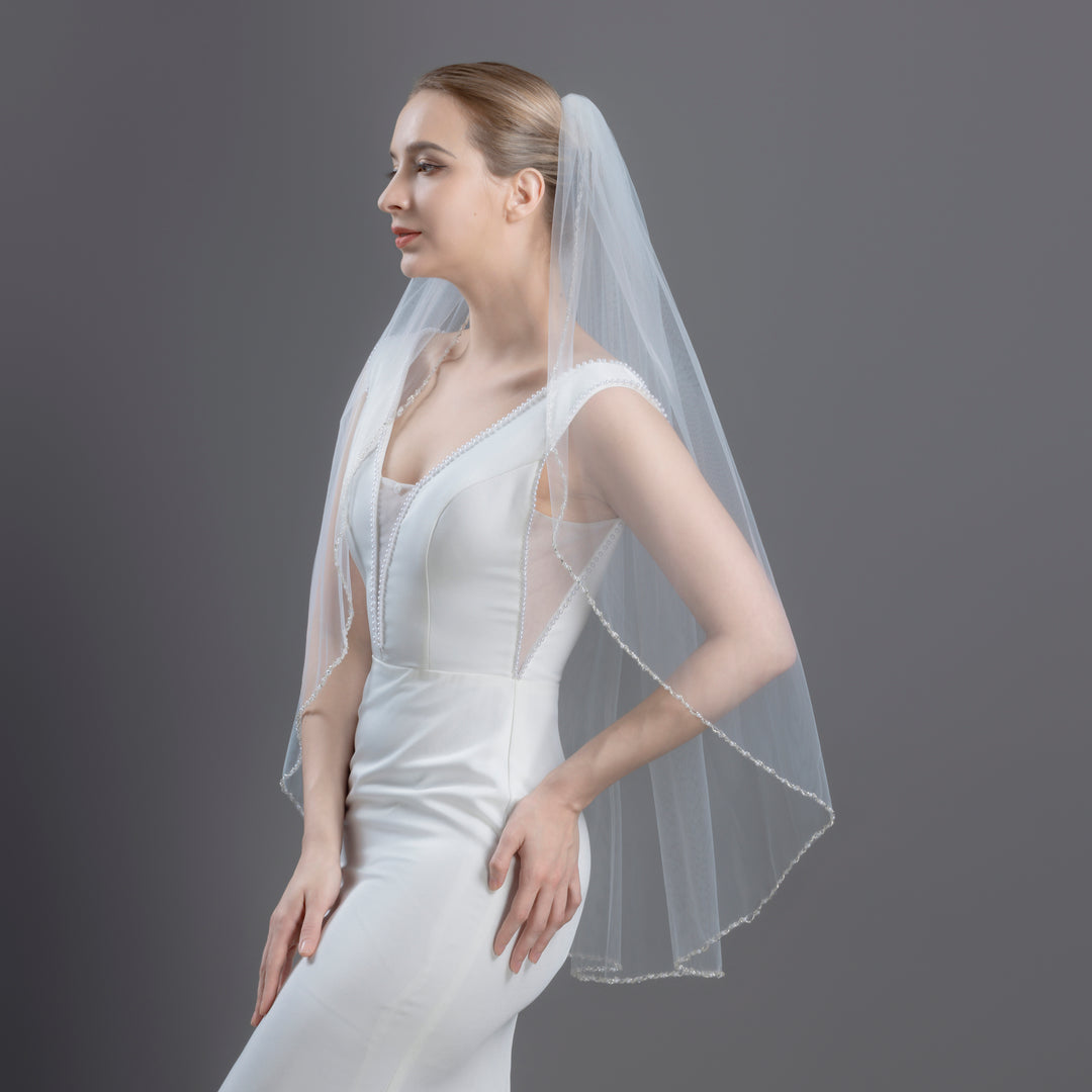 Beaded Edge Bridal Veil with Crystals and Pearls, Fine Illusion Tulle, Fingertip Length FS6287
