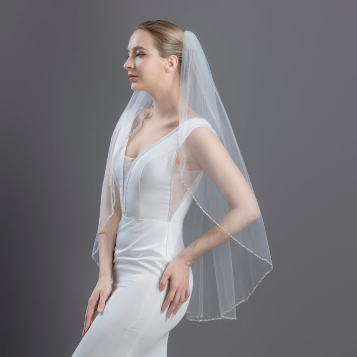 Beaded Edge Bridal Veil with Crystals and Pearls, Fine Illusion Tulle, Fingertip Length FS6287