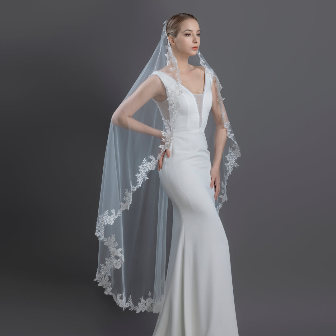 FS6305-M Floral Vine Embroidered Lace Mantilla Veil 60"