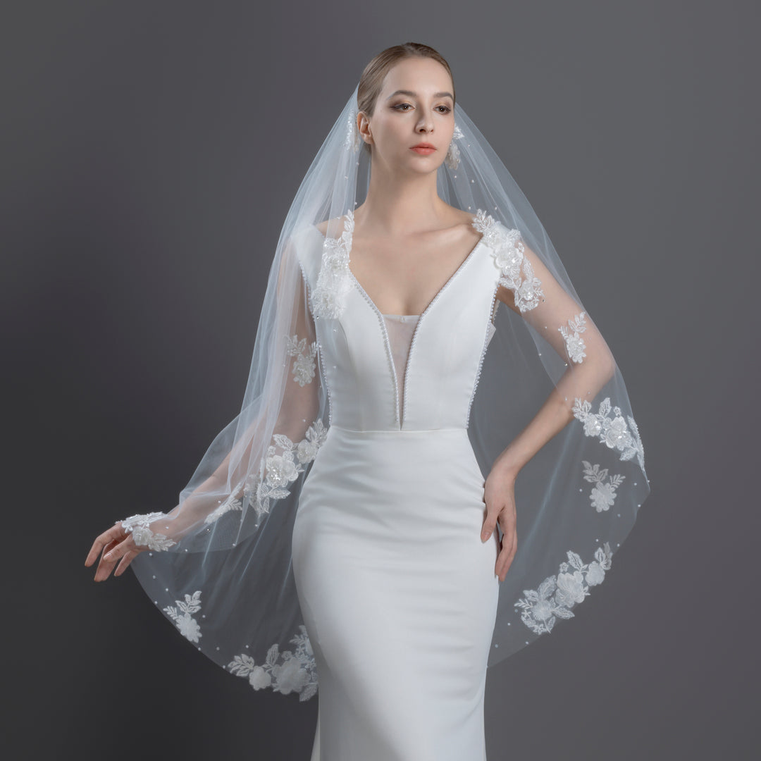 FS6219 Floral Vine Embroidered Lace Veil 42"