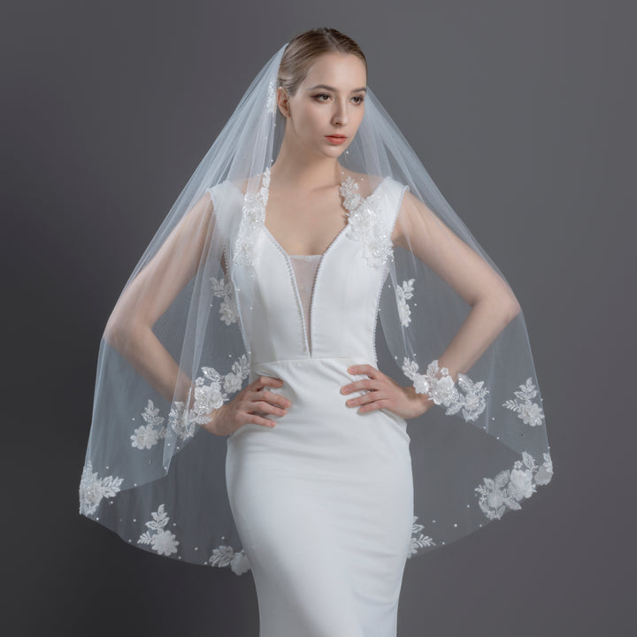 FS6219 Floral Vine Embroidered Lace Veil 42"