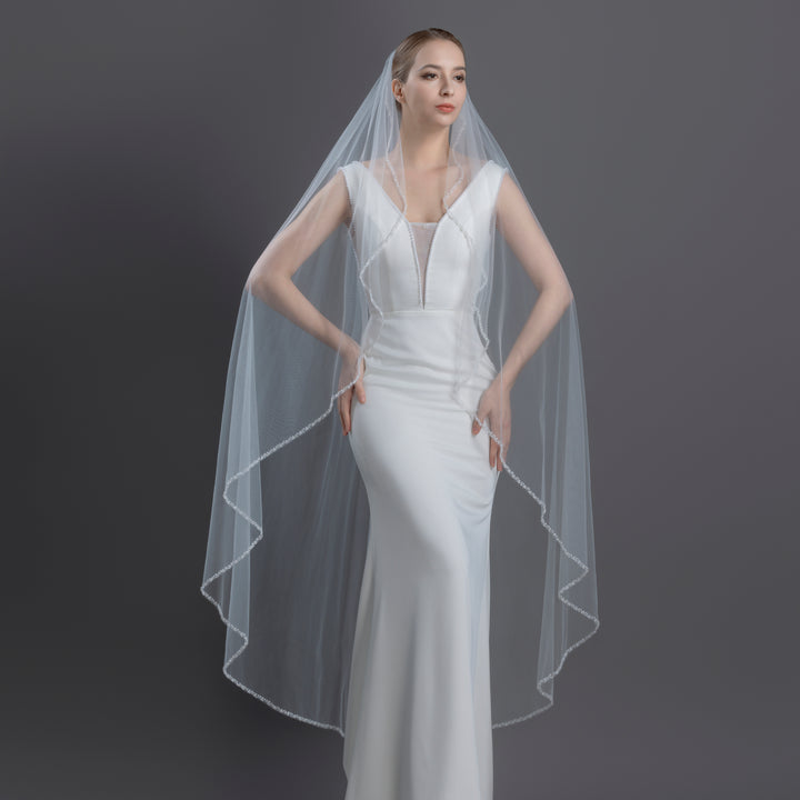 Angel Cut Bridal Veil with Pearl Beaded Edge, Fine Illusion Tulle, Waltz Length, FS6243-AC