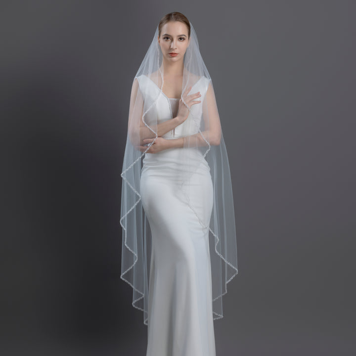Angel Cut Bridal Veil with Pearl Beaded Edge, Fine Illusion Tulle, Waltz Length, FS6243-AC