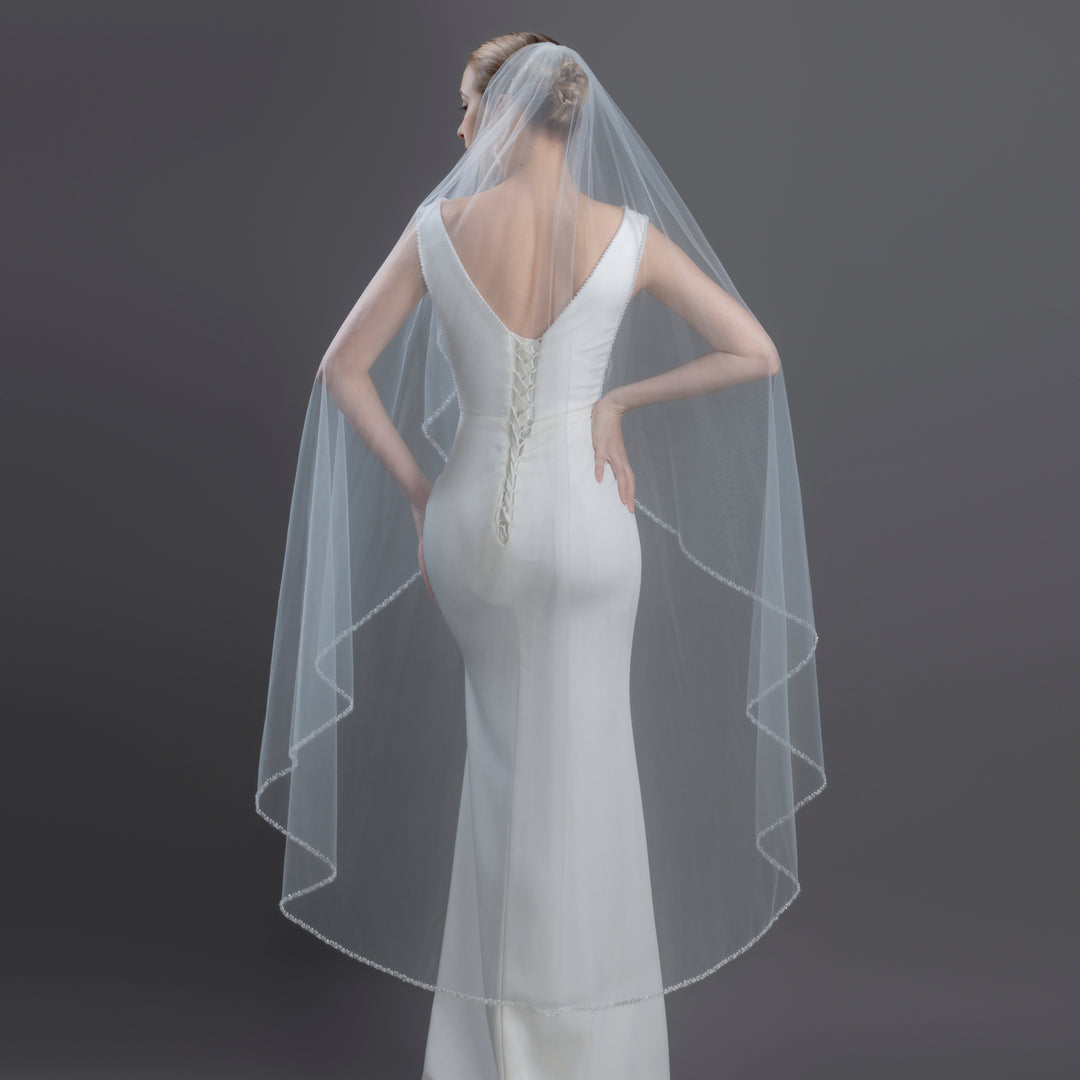 Angel Cut Bridal Veil with Pearl Beaded Edge, Fine Illusion Tulle, Waltz Length, FS6243-AC