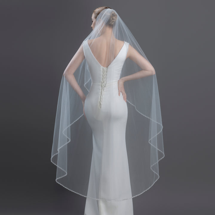 Angel Cut Bridal Veil with Pearl Beaded Edge, Fine Illusion Tulle, Waltz Length, FS6243-AC