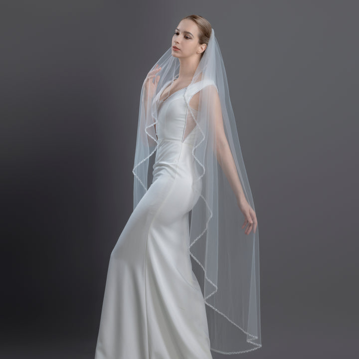 Angel Cut Bridal Veil with Pearl Beaded Edge, Fine Illusion Tulle, Waltz Length, FS6243-AC