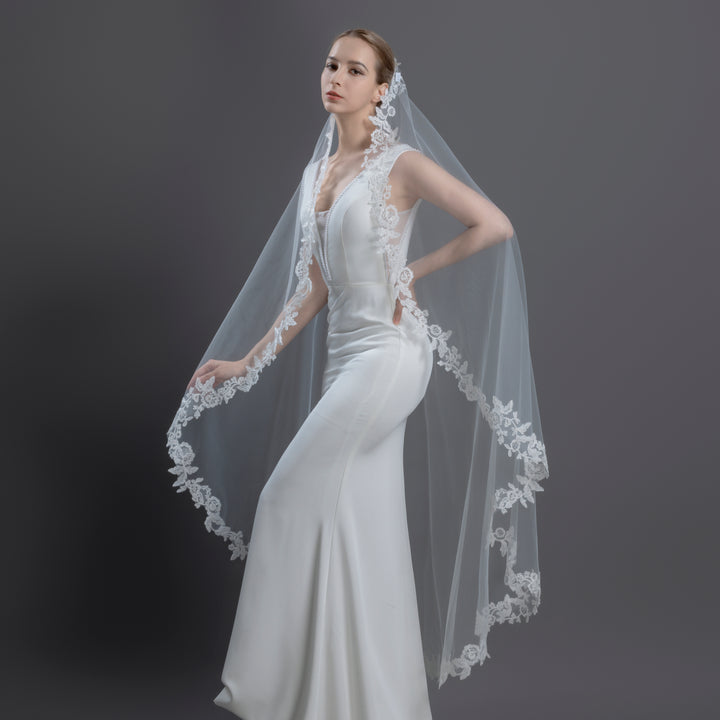 FS6217-M Floral Vine Embroidered Lace Mantilla Veil 60"