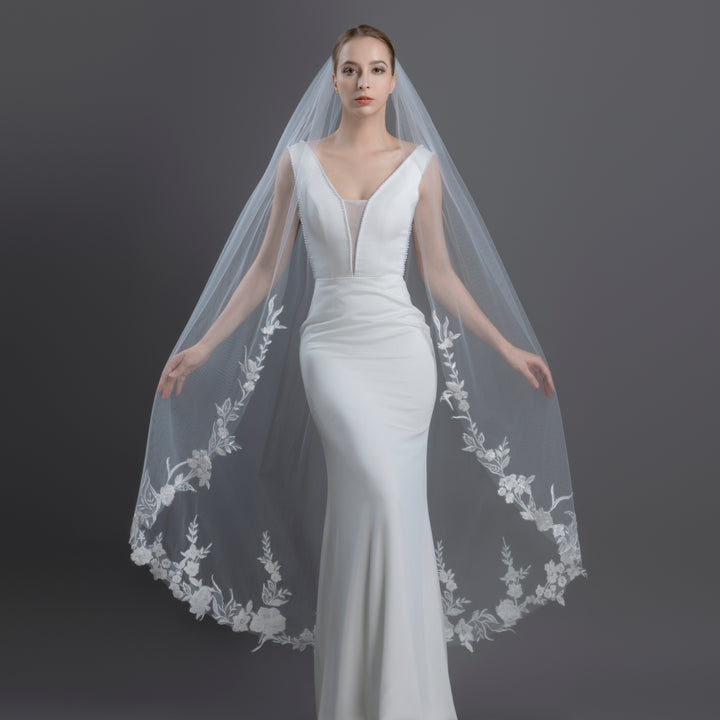Floral Lace Bridal Veil with Sequins, Fine Illusion Tulle, Waltz Length FS6277