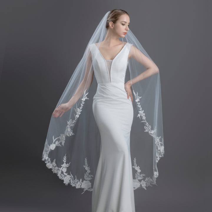 Floral Lace Bridal Veil with Sequins, Fine Illusion Tulle, Waltz Length FS6277
