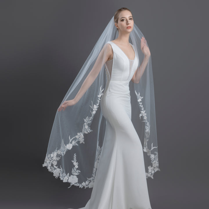 Floral Lace Bridal Veil with Sequins, Fine Illusion Tulle, Waltz Length FS6277