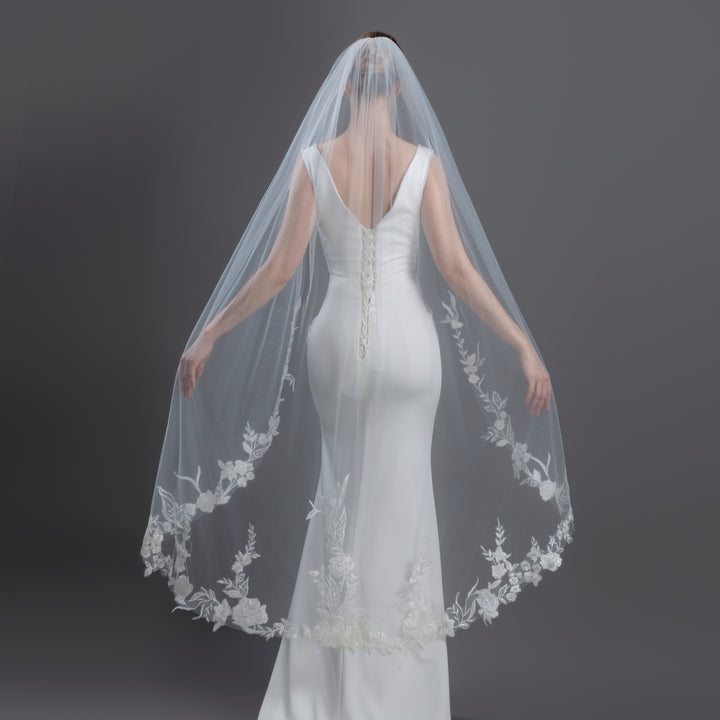 Floral Lace Bridal Veil with Sequins, Fine Illusion Tulle, Waltz Length FS6277