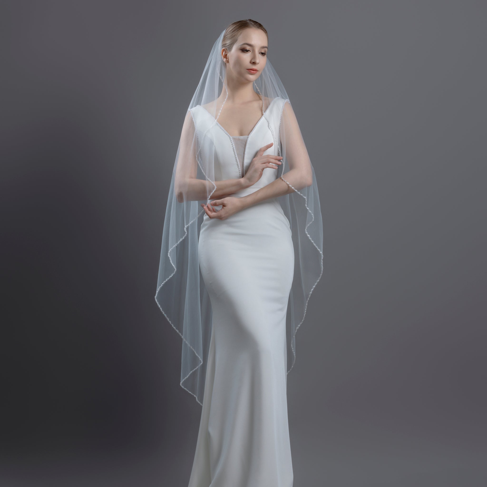 Wholesale Angel Cut Knee Waltz Wedding Veil | Beaded Bicone